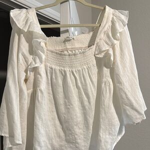 Newbury Kustom Cream Flutter Sleeve Blouse with Smocked Ruffles